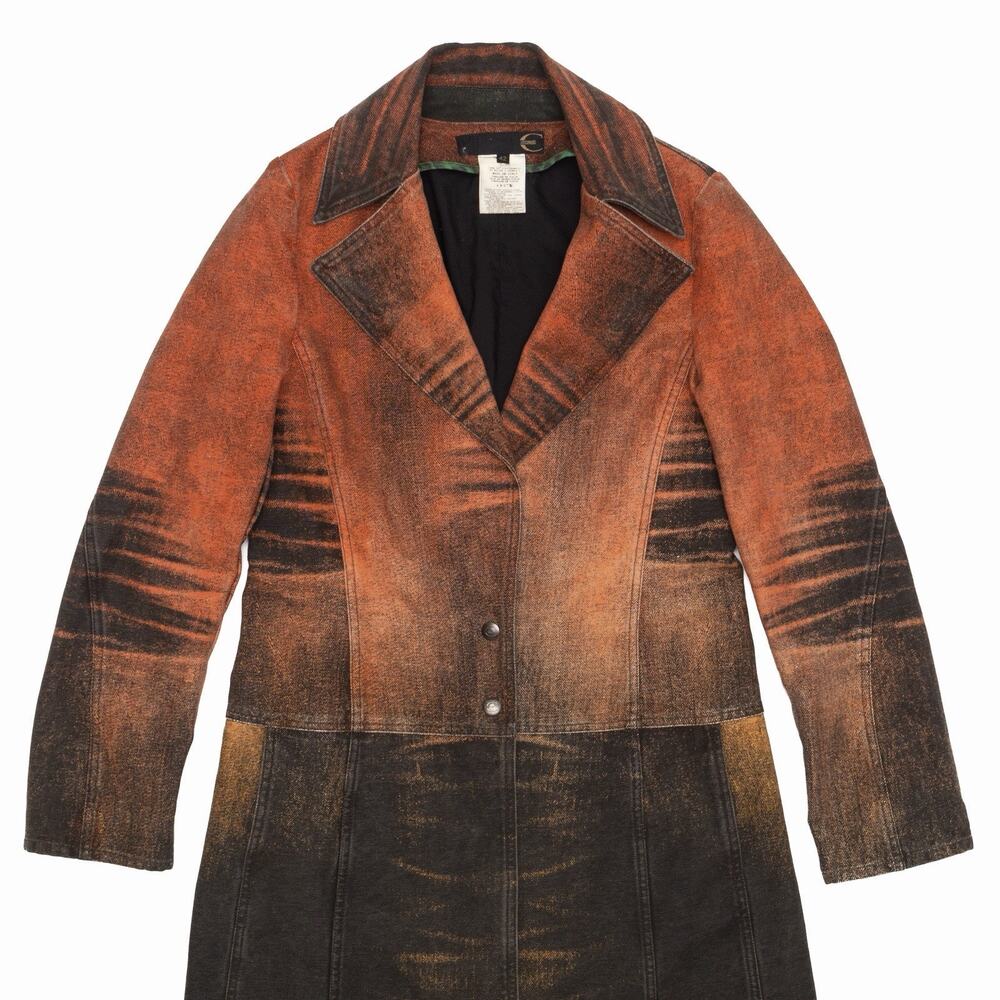 JUST CAVALLI AW04 Sunset Y2K Distressed Denim Long Coat Orange Black IT 42 - Picture 2 of 10